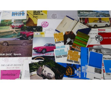 Automobile pamphlets and ephemera for models including Talbot, Hillman, Sunbeam, Triumph, AC Greyhound, MGB and Datsun 240Z S