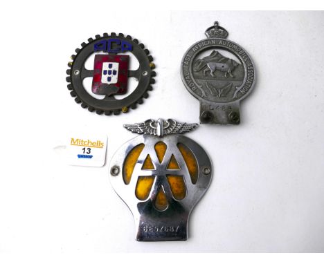 Three vintage automobile association badges - Portuguese ACP Car Auto Clube grill badge, Royal East African Automobile Associ