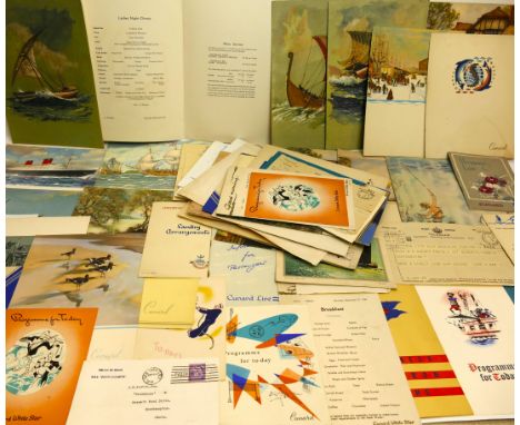 Collection of Cunard White Star Line cruise liner memorabilia including pamphlets, menu's, postcards etc dating from the 1940
