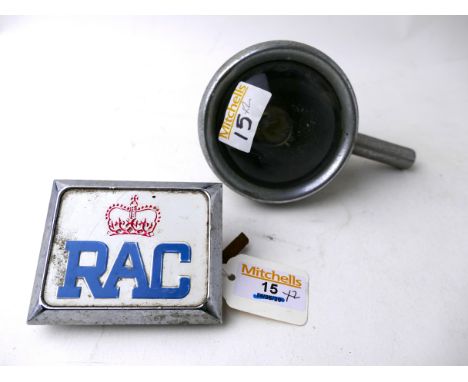 Lucas car headlamp and an oblong RAC car badge