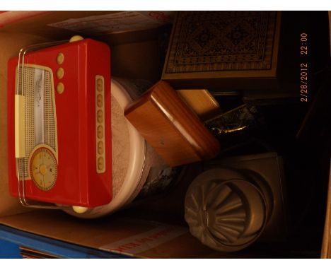 Box of vintage tins and a lantern 