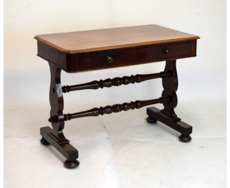 Victorian mahogany sofa table fitted one drawer, raised on shaped end supports united by two turned stretchers, 94cm wide x 5