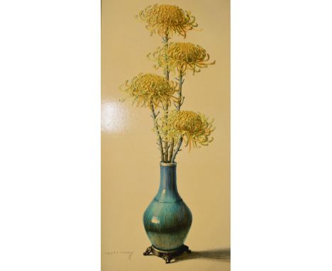 After Tretchikoff - Coloured print - Four chrysanthemum stems in an Oriental turquoise glazed vase, within a gilt frame,90cm 