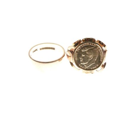 9ct gold wedding band, size K, together with a yellow metal dress ring set John F. Kennedy commemorative gold coin 1961-1963,