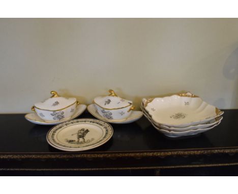 Pair of 19th Century transfer printed sauce tureens, covers and stands, three matching square lobed dishes, together with two