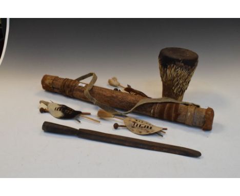 Ethnographica - Small group of tribal items to include; blowpipe case and darts, Masai spear head, small drum, miniature Zulu