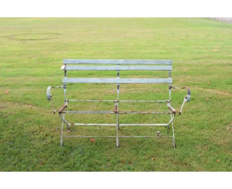 Wrought iron and slatted wooden garden bench with adjustable seat and of folding design, 137cm wide x 84cm high  