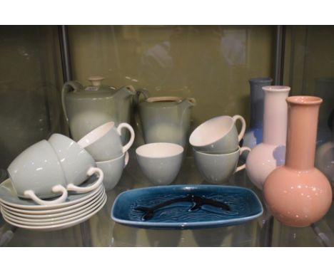 Group of Poole pottery to include; coffee set, three vases and aqua blue dish having dolphin at the centre  