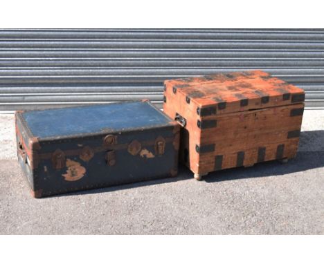 19th Century iron-bound pine 'silver chest' or travel trunk, 76cm wide, together with an early 20th Century iron-bound steame