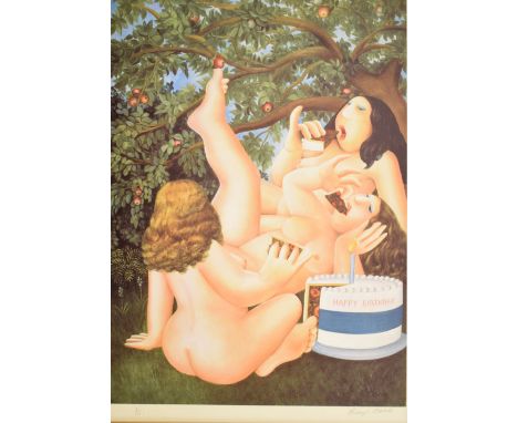Beryl Cook - Signed limited edition coloured print - 'Happy Birthday', No.3/650, published by Alexander Gallery, signed in pe