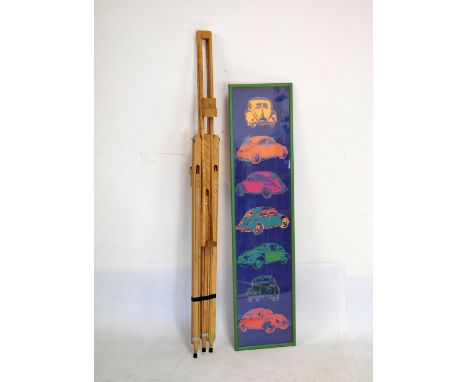 Coloured print - Study of a Volkswagen VW Beetle, together with an artist's beech framed folding easel  