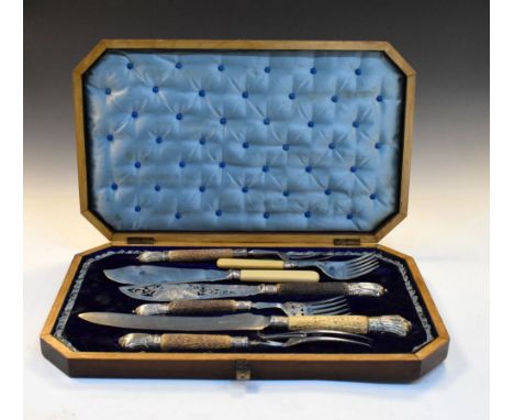 Late Victorian inlaid mahogany-cased silver-mounted stag horn and silver-plated part carving set, five of seven items to incl