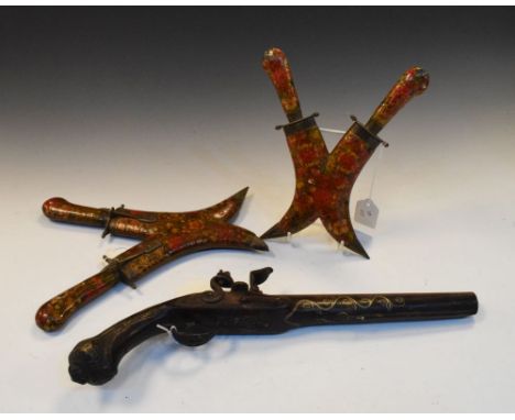 North African decorative flintlock pistol of 'bazaar' quality, round 29cm barrel, stock with brass wire inlaid decoration, pl