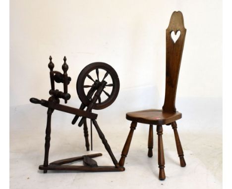 Vintage oak, pine and beech spinning wheel standing 74cm high, together with a high back spinning chair  