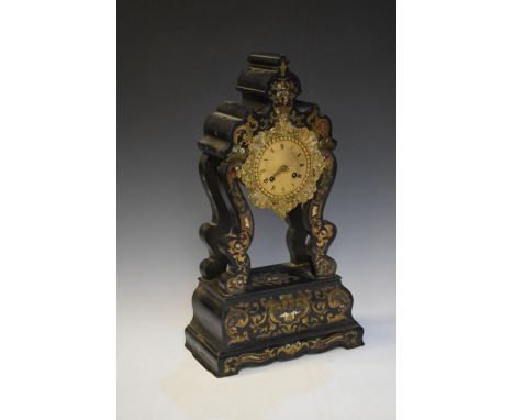 19th Century French ebonised, engraved cut brass and red tortoiseshell inlaid portico clock, the two-train movement outside c