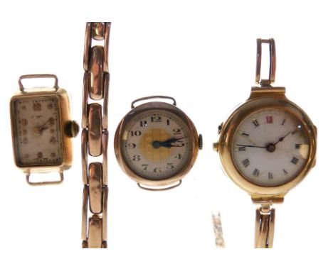 Lady's 15ct gold wristwatch, 20.7g gross approx, lady's Rotary 9ct gold watch head with rectangular dial, another of tonneau 
