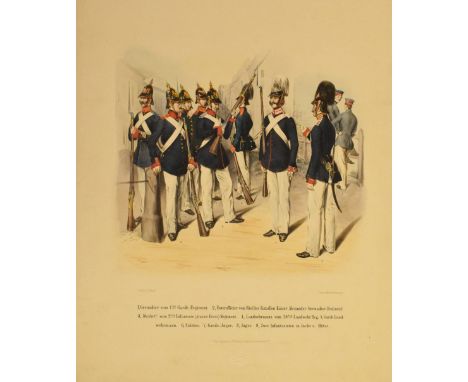 Military Interest - Folio of prints depicting the Prussian Army, with blindstamp of T. Romolini Berlin, E. Meyer lithographer