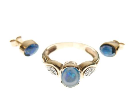 9ct gold dress ring set opal cabochon, size P, together with a similar pair of 9ct gold earrings, 4.3g gross approx  