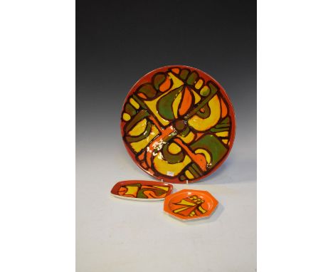 Poole pottery Delphis range charger, 35cm diameter and two smaller similar dishes  