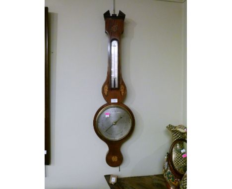 19th Century mahogany and string inlaid wheel barometer, (with alcohol thermometer), the silvered dial inscribed J. Knight, C