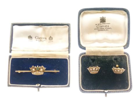 Gieves - Yellow metal and enamel bar brooch with crown design in fitted box, together with matching pair of ear studs, 6g gro