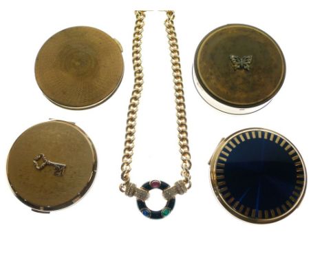 Grosse - Costume jewellery pendant of enamelled ring form set three oval cabochons between pastes on heavy gilt metal curb li