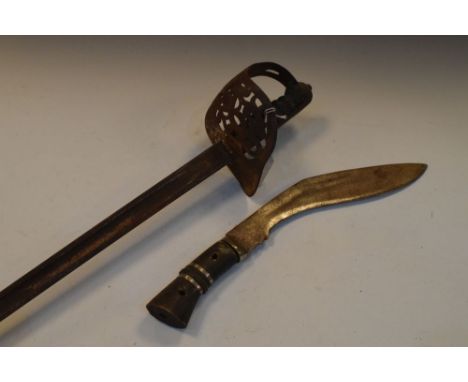 British 1897 pattern Officers sword N/S, plus a damaged Kukri knife N/S, and a leather scabbard missing top mount, 3 pieces  