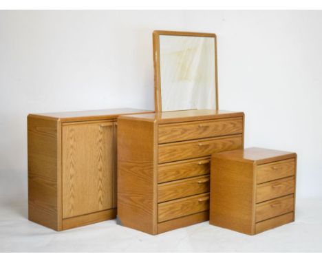 Hulsta light oak bedroom suite comprising two door cupboard, five drawer chest of drawers, bedside chest of three drawers and