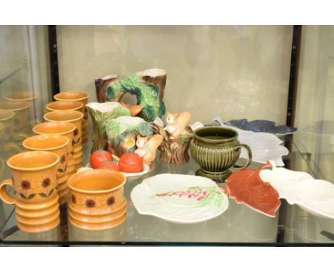 Group of ceramics to include; Hornsea squirrel vases, some flower decorated coffee cups and sugar bowl, Carltonware dishes, e