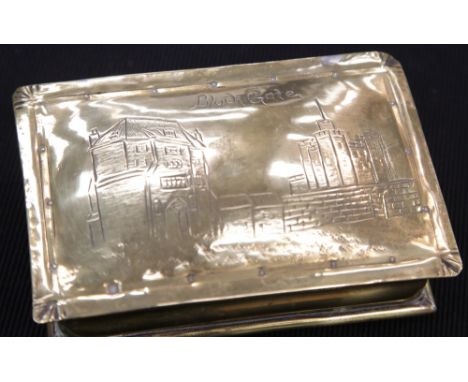 Small vintage brass cigarette box with The Black Gate  design. L: 11 cm. P&amp;P Group 1 (£14+ VAT for the first lot and £2+V