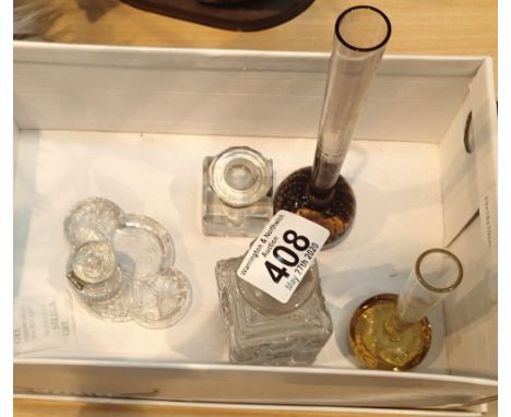 Mixed lot of glass including two inkwells, small decanter and two coloured bud vases.  P&amp;P Group 2 (£18+VAT for the first