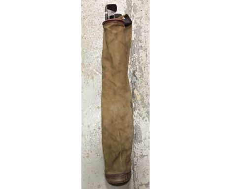 A Bryant for Harrods leather trimmed canvas golf bag and contents of 4 various hickory shafted clubs inc. R A Model rustless 