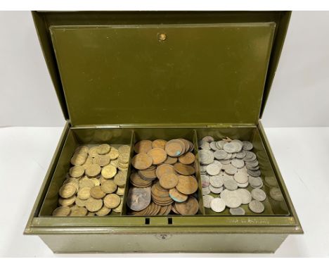 A 19th Century parcel postal scales in brass and oak, with various weights, ½oz-4lbs, a painted metal deed or money box conta