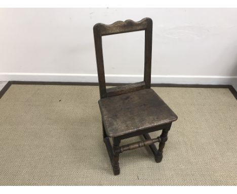 A pair of 18th Century open back panel seated hall chairs on turned supports united by stretchers, 40 cm wide x 82.5 cm high