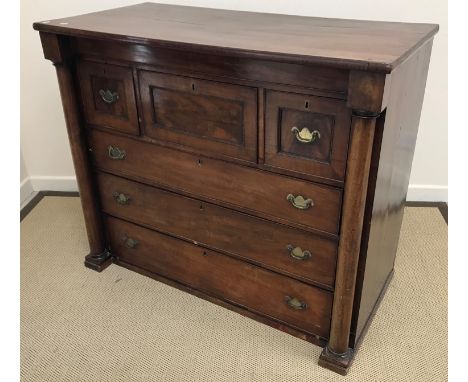 A Victorian mahogany Scotch type chest with three small drawers over three long drawers, with turned side pillasters, 125 cm 