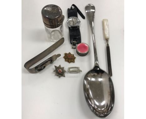 A collection of items to include a silver letter clip initialled "D" with turquoise beads, silver mounted dressing table bott