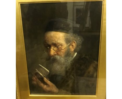 19TH CENTURY ENGLISH SCHOOL "A Connoisseur" half portrait study of an elderly gentleman in scull cap and spectacles studying 