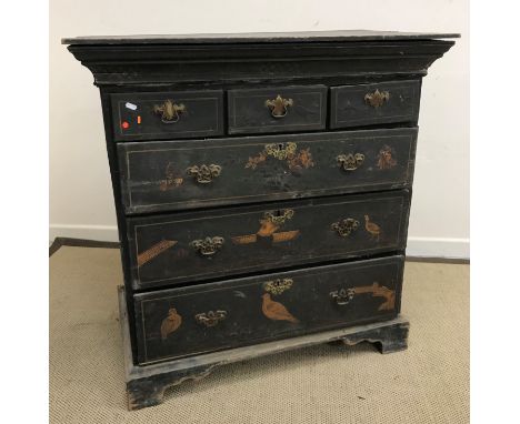 An 18th Century black lacquered and Japanned chest, the later top over a moulded cushion drawer, three short and three long g