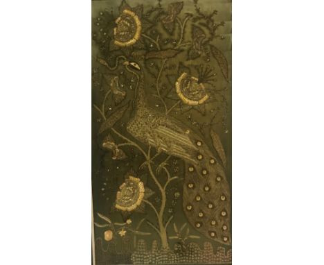 An embroidered foliate and peacock decorated panel highlighted with sequins on a green silk ground 95 cm x 51 cm 