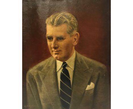 W.J. ROWDEN "Gentleman in blue and white tie" half portrait study of a mid 20th Century gentleman in jacket and tie, oil on c