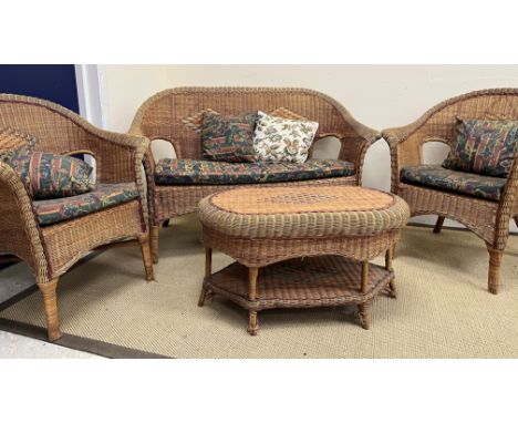 A vintage conservatory suite comprising two seat settee 119 cm wide x 86 cm high x 60 cm deep, two tub chairs and table, 