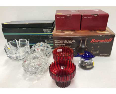 A pair of Orrefors berry pattern tealight holders (boxed) together with a set of 8 Orrefors stemmed liqueur glasses with this