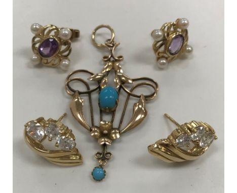 A collection of 9 carat gold jewellery comprising an Art Nouveau style turquoise decorated pendant, a pair of amethyst and pe