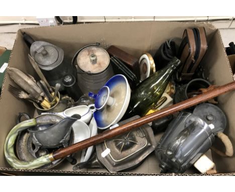 Two boxes of assorted metal ware and miscellaneous to include various pewter wares, a cut glass biscuit barrel with coopered 