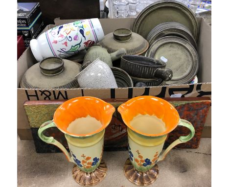 A pair of Myott Son &amp; Co floral painted pedestal jugs 18.5 cm high, a Poole Pottery floral decorated jug 22 cm high, a Po