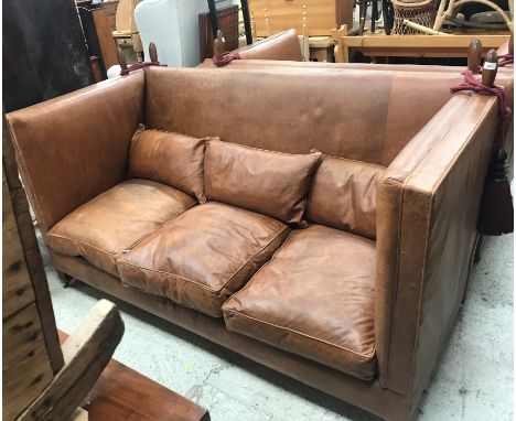 A modern Mulberry Knowle type brown leather three seat sofa 117 cm high x 197 cm wide x 100 cm deep