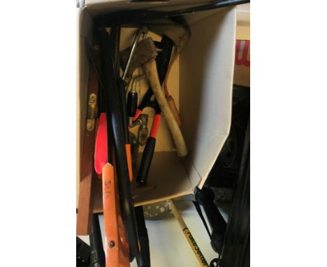 A collection of garden tools to include a Flymo cordless multi-trim CT250 Plus, two Black and Decker battery powered strimmer