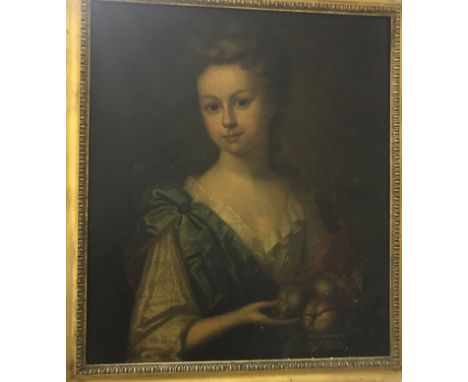 18TH CENTURY ENGLISH SCHOOL "Study of a young woman in blue and red dress with basket of fruit" oil on canvas 58 cm x 50 cm C