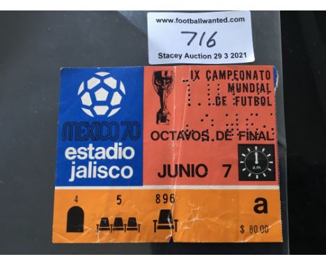 1970 World Cup Football Ticket Brazil v England: Genuine ticket with creasing and a tiny tear on folding for the match dated 