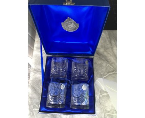 Glasgow Rangers v Fenerbache Boxed Crystal Glasses: Set of 4 Crystal whiskey tumblers in lined quality blue box. Each glass h